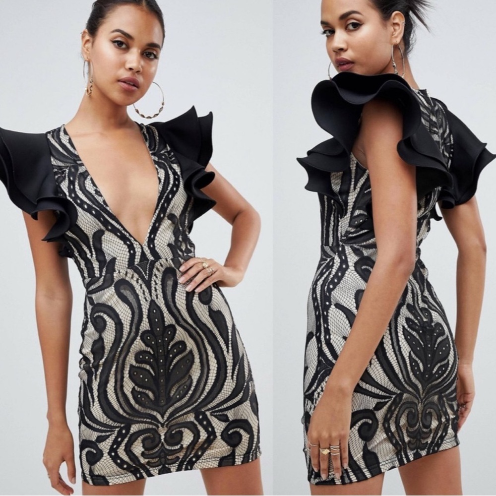 Elegant Black and Cream Patterned Dress Ruffled Mini Lace, small US6
